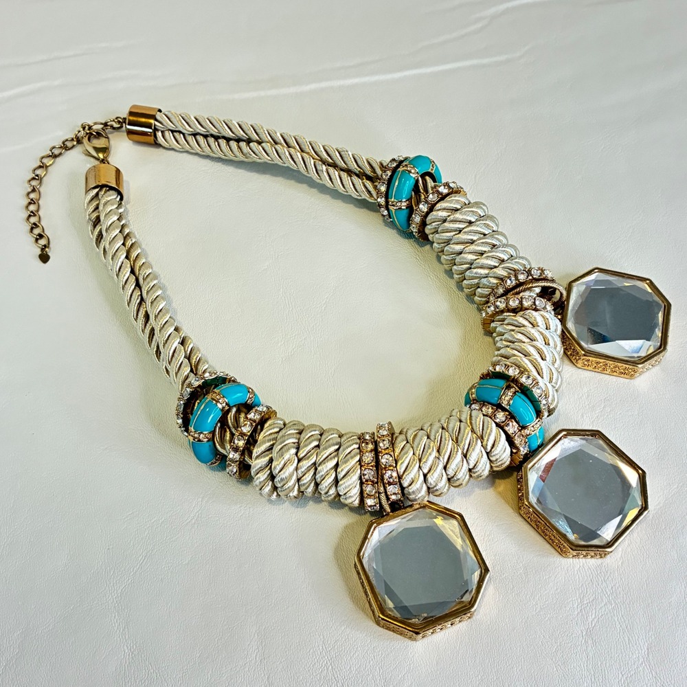Chunky Statement Rope Necklace Rhinestone Faceted Mirror Pendants Gold Tone - Picture 3 of 16